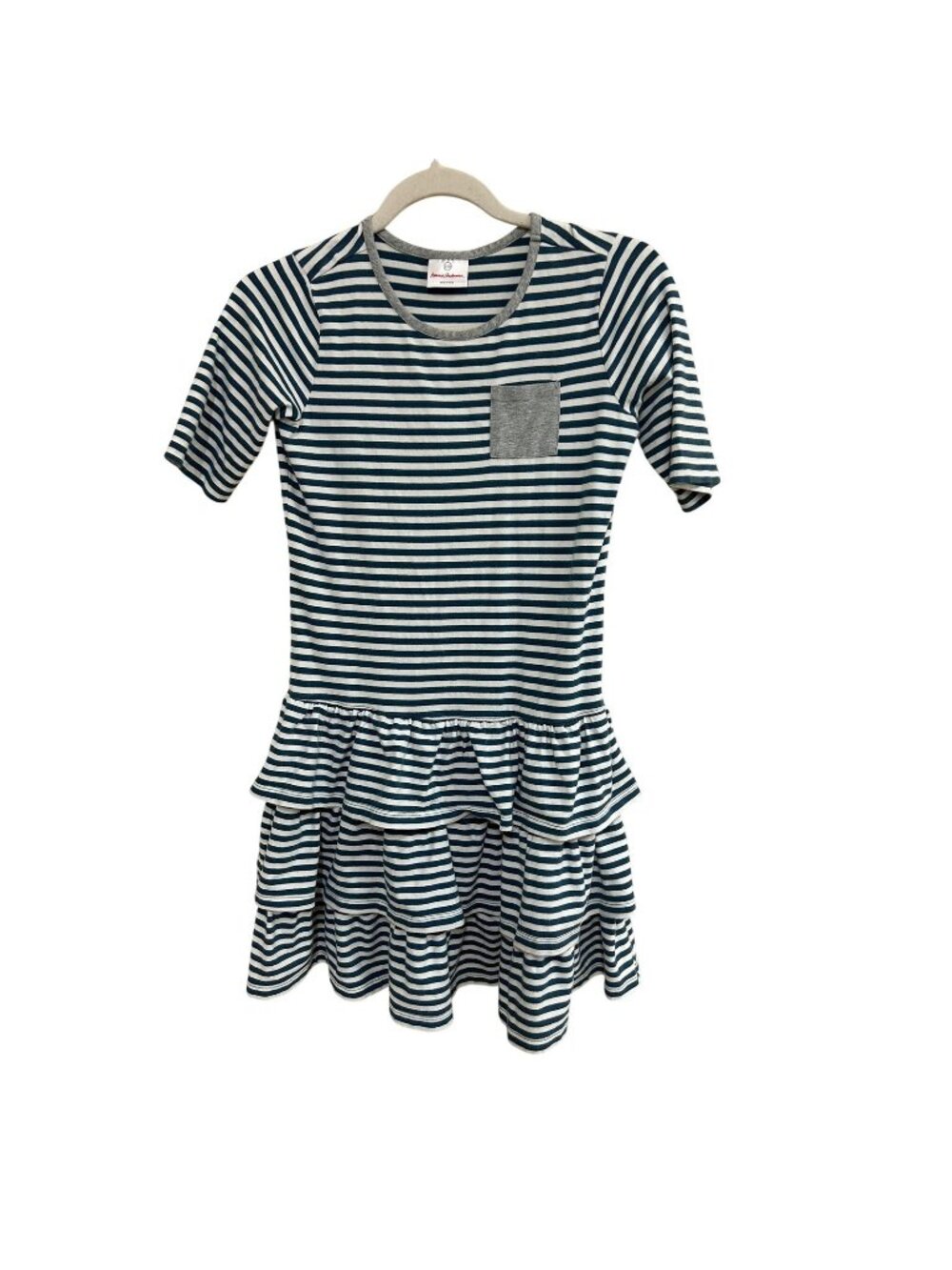 Hanna Andersson Girls Dress Striped Navy Blue Ruffle Hem Pocket Size 12 150cm